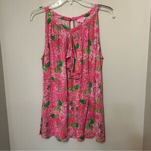 Lilly Pulitzer Pink Floral Pattern Ruffle Tank Casual Top Size 14 Silk